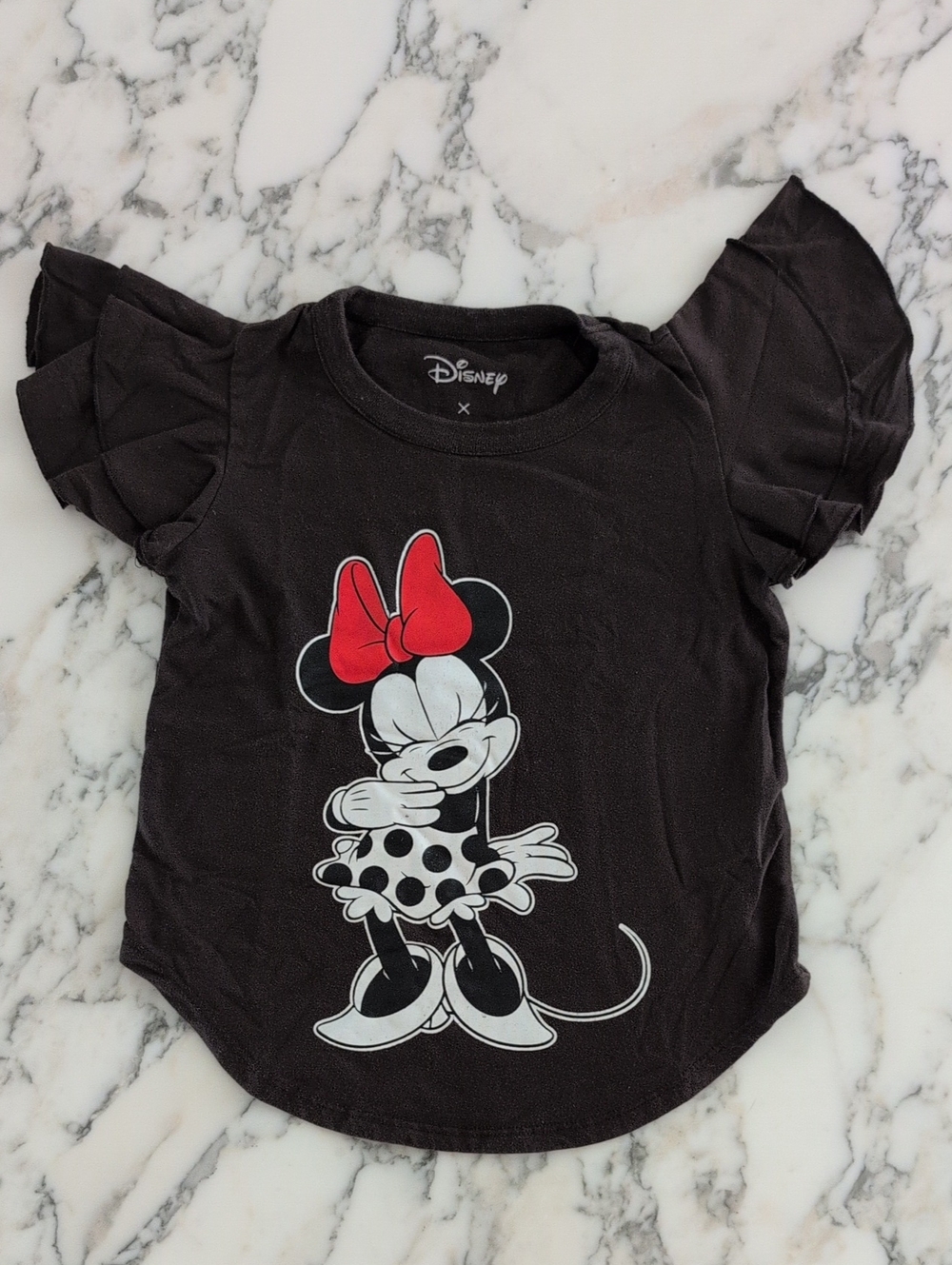Girl's Disney x Chaser Black Minnie Mouse Tee with Ruffle Sleeves